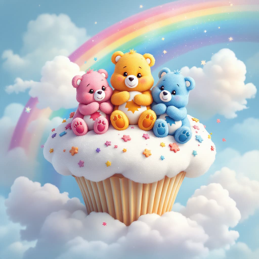 AI generated: Carebears living on a ginat cloud cupcake with rainbows and clouds