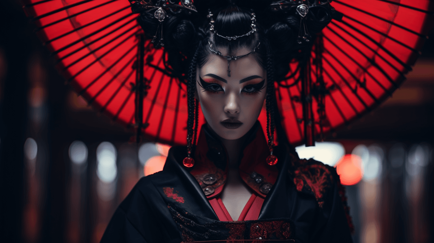 AI generated: photo of a geisha, cyberpunk --ar 16:9 --style raw --v 5.2