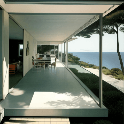 AI generated: Hyper realistic eye level exterior photo of a mid century modern style house overlooking the ocean, ...