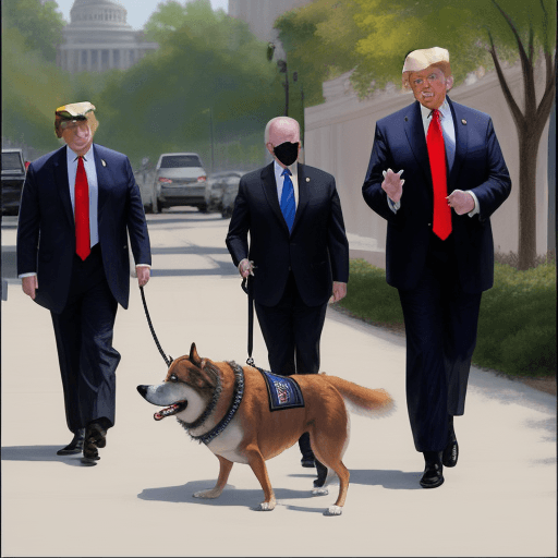 AI generated: Comic Painting of Donald Trump, who is trotting behind Joe Biden on a dog leash