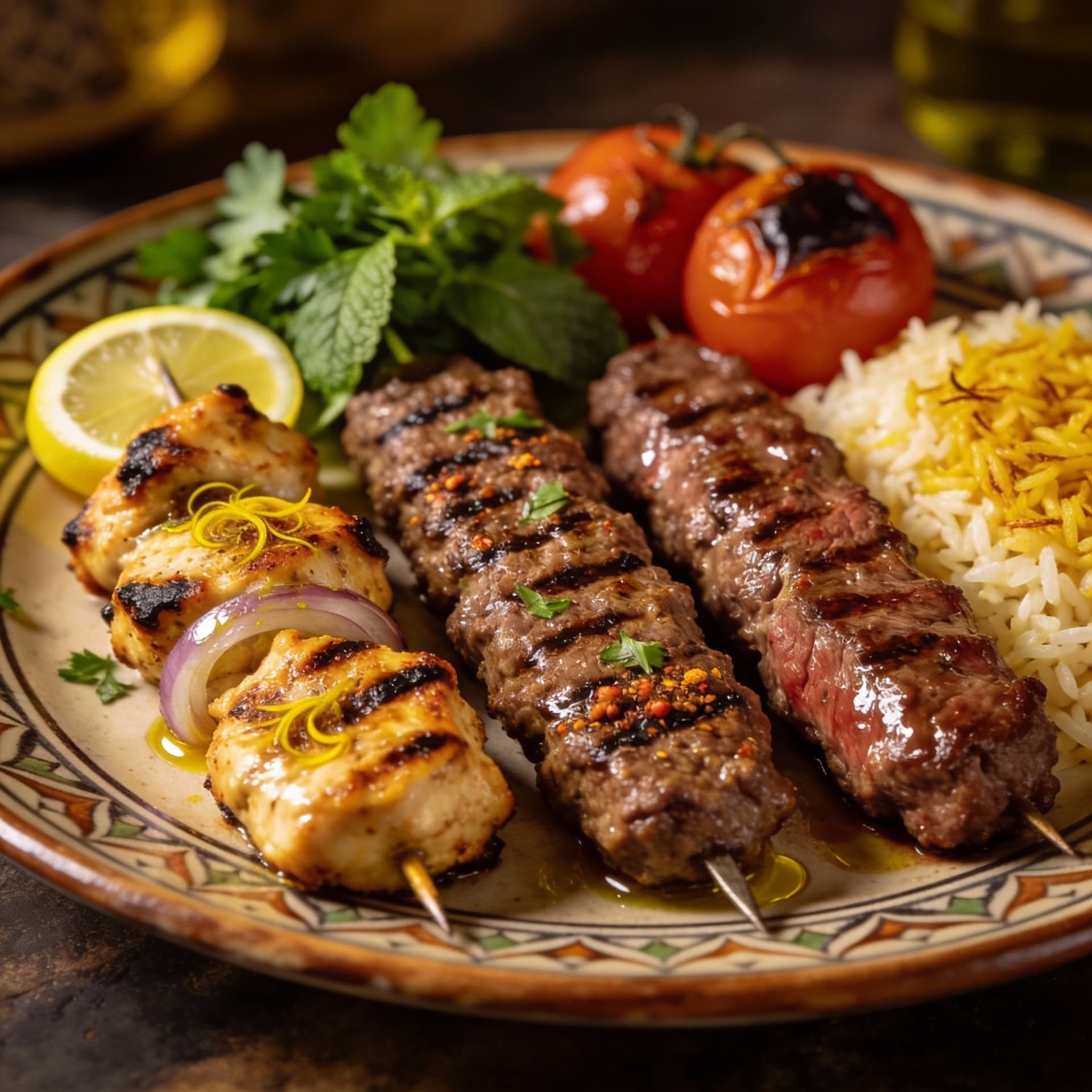 AI generated: Generate an image of an irani kebab platter including chicken vaziri, beef koobideh , tenderloin keb...