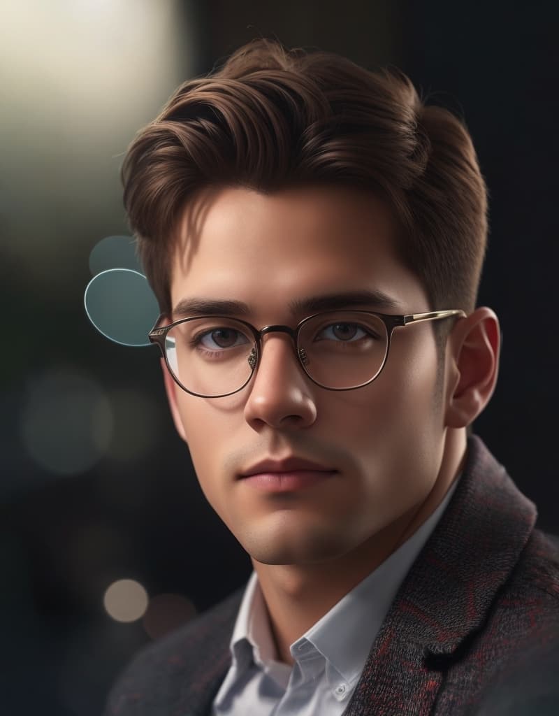 AI generated: Generate an 8K hyperrealistic image of a charismatic college boy with impeccably rendered oval glass...