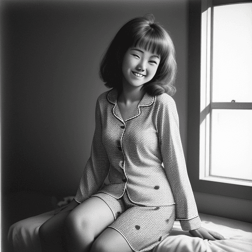 AI generated: Whole body photo of a cute lady wearing polkadot pj's, smiling, daytime, deep photography, Ilford HP...