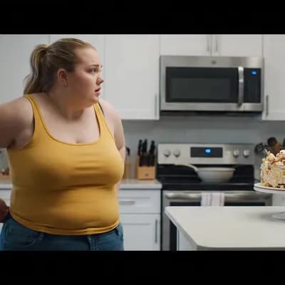 AI generated video: A fat girl, blonde, ponytail, wearing a yellow tank top and jeans, concerned, standing, a piece of l...