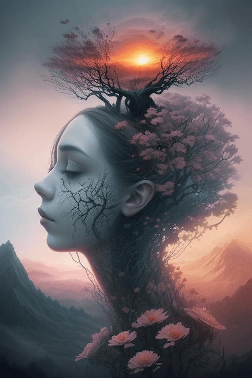 AI generated: Nature exploding out a humans head, trees, flowers, mountain, sunset, nature mind, expressive creati...