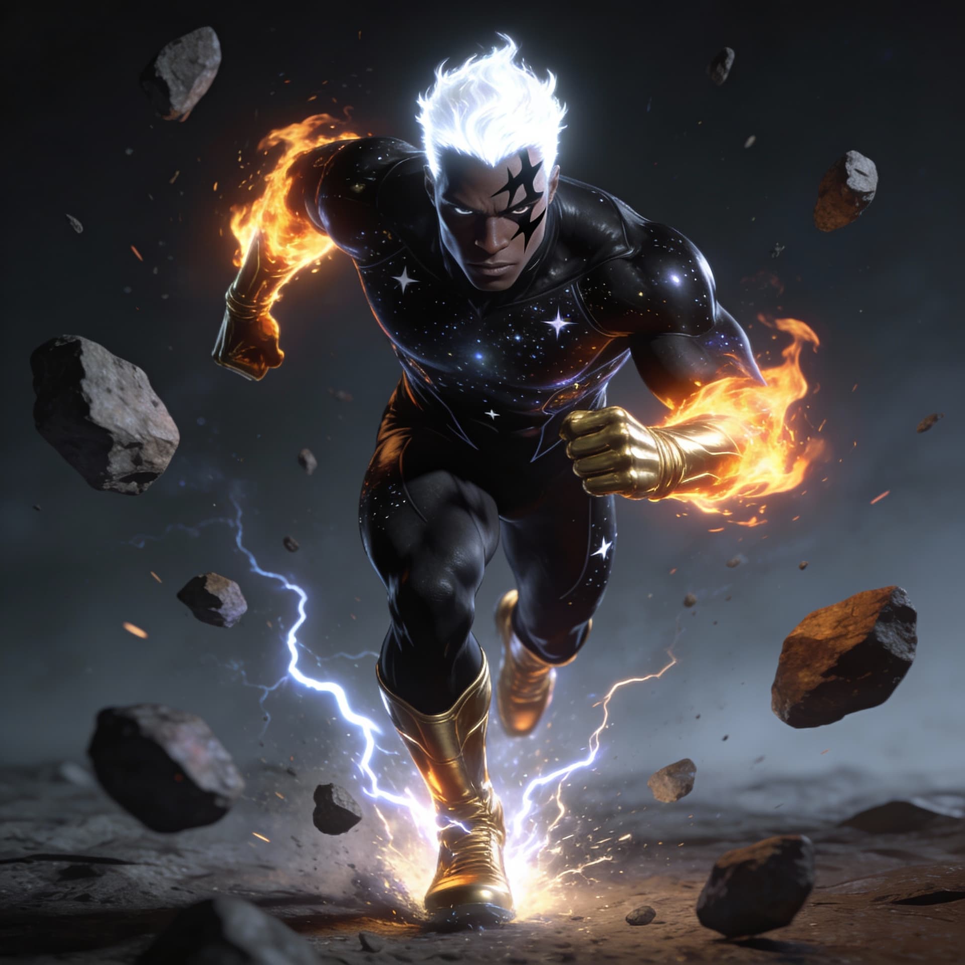 AI generated: full body view of a superhero running towards us, he is lean but muscular and his arms are aflame wi...