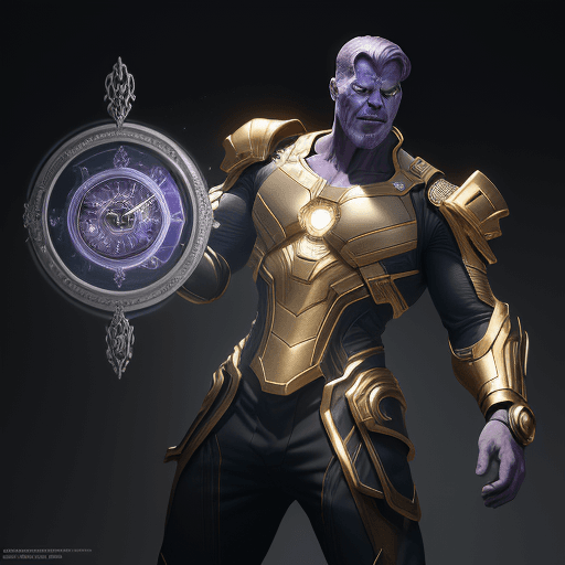 AI generated: time-travel watch with the design and character of Thanos. The watch is Silver and Gold, no watermar...