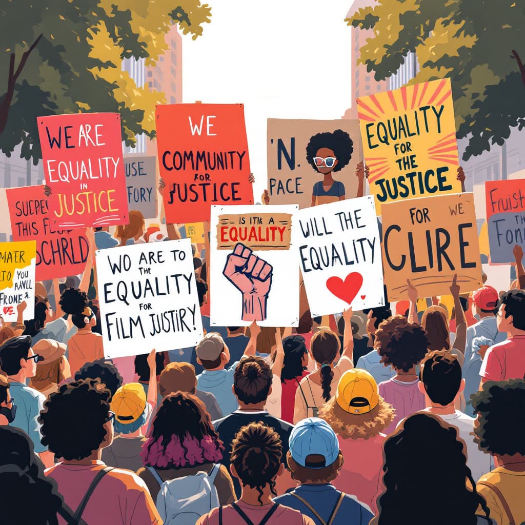 AI generated: 20240728153957list 2 Lofi illustration of a community rally with people holding 6 big posters advoca...