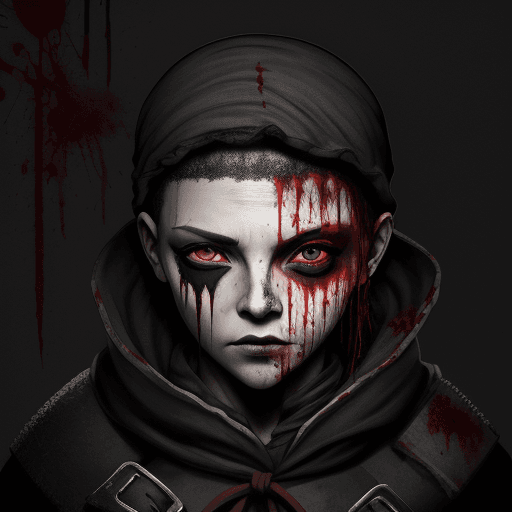 AI generated: blood, bloody, head with knives stuck in them, colored black eyes, bandit, 12k