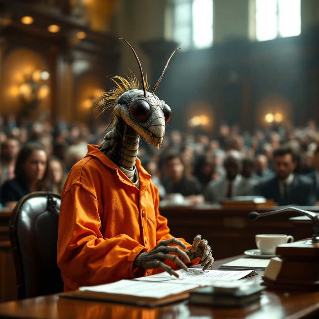 AI generated: An anthropomorphic mosquito wearing a bright orange prison jumpsuit stands in front of a judge’s ben...