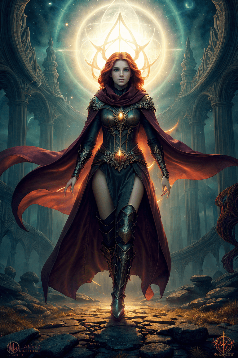 AI generated: ethereal fantasy concept art of breathtaking A female warlock with long auburn hair wearing a black ...