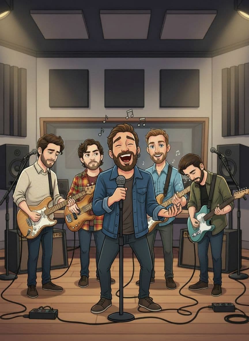 AI generated: "Add the new character from the input image to the existing group illustration as the LEAD SINGER.
...