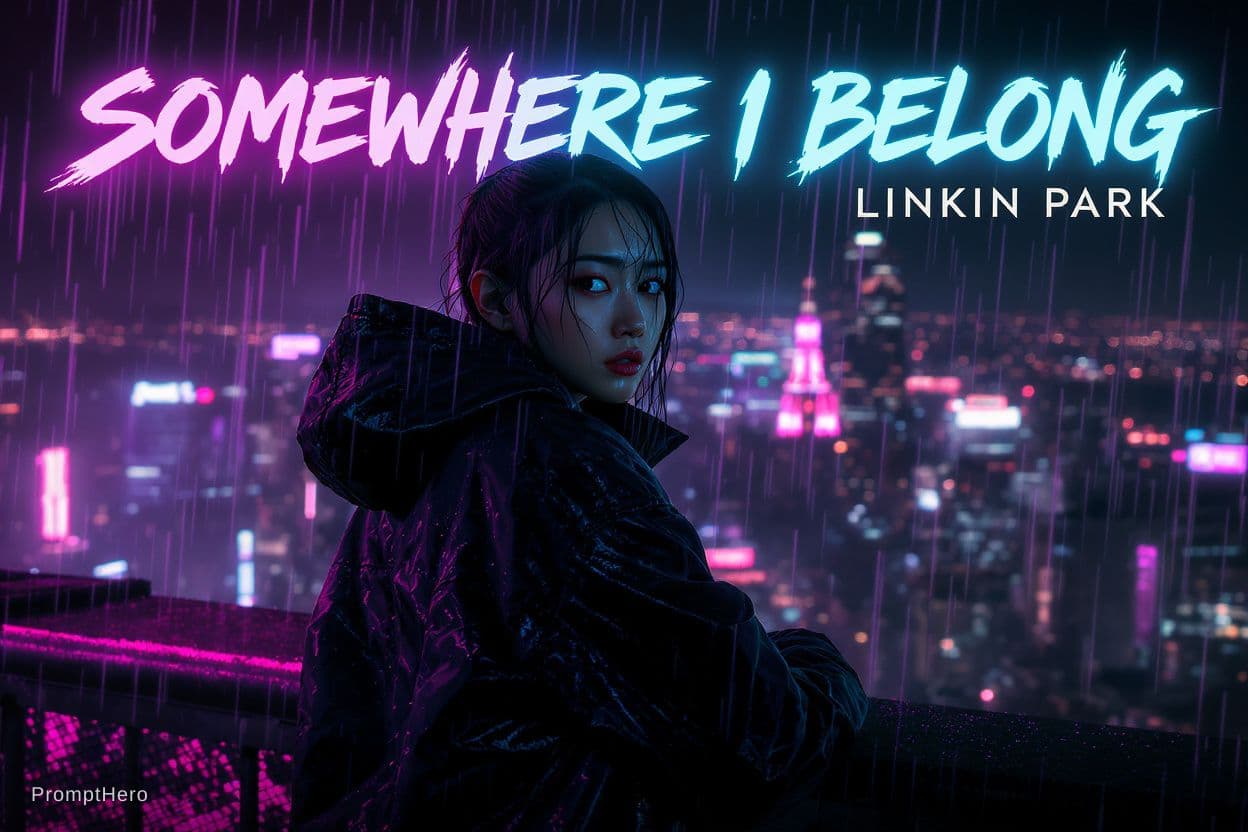 AI generated: A cinematic cyberpunk portrait of a young Asian woman standing on a rooftop overlooking a futuristic...