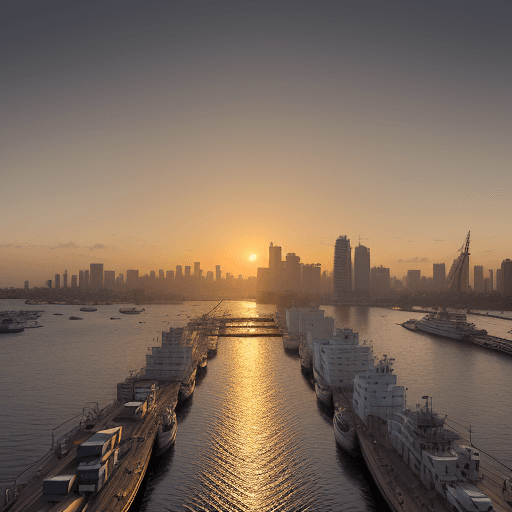 AI generated: Create a hyper-realistic image of Karachi's cityscape as seen from the Native Jetty Bridge. Include ...