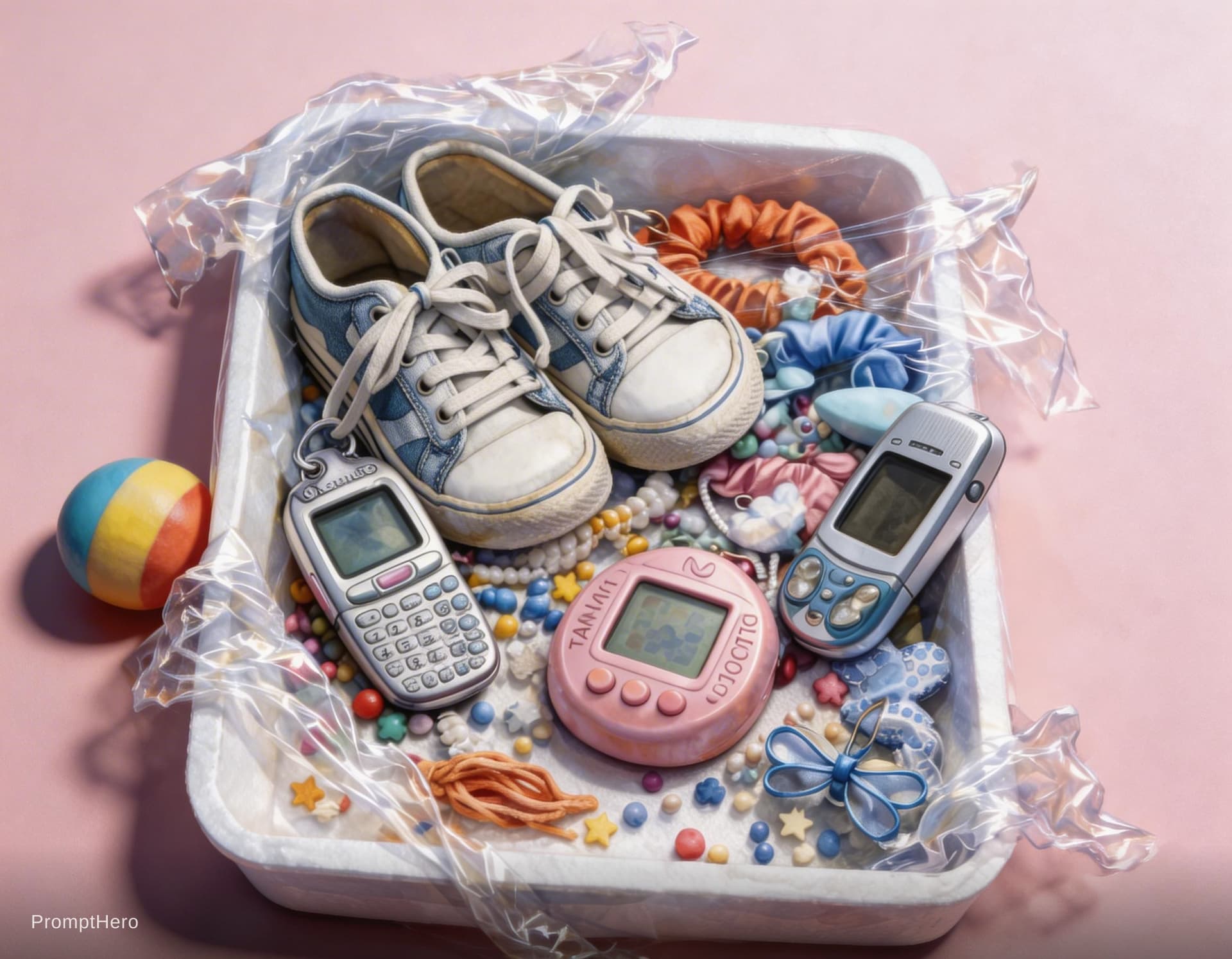 AI generated: 
Overhead flat lay still life of a white styrofoam food tray tightly wrapped in glossy transparent c...