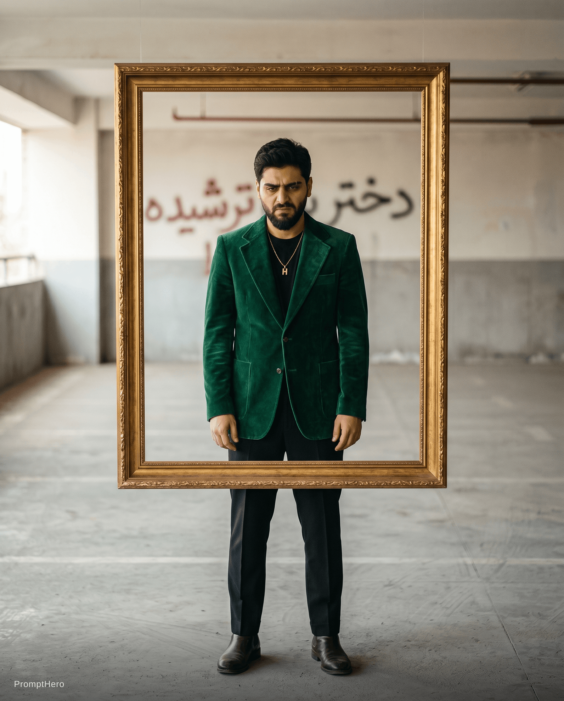 AI generated: *Conceptual fine-art rap cover, "Sour Girl". A male rapper standing behind a large empty gold pictur...