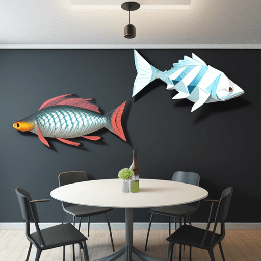 AI generated:  low poly fish, metal sheet on dining room wall, medium size.