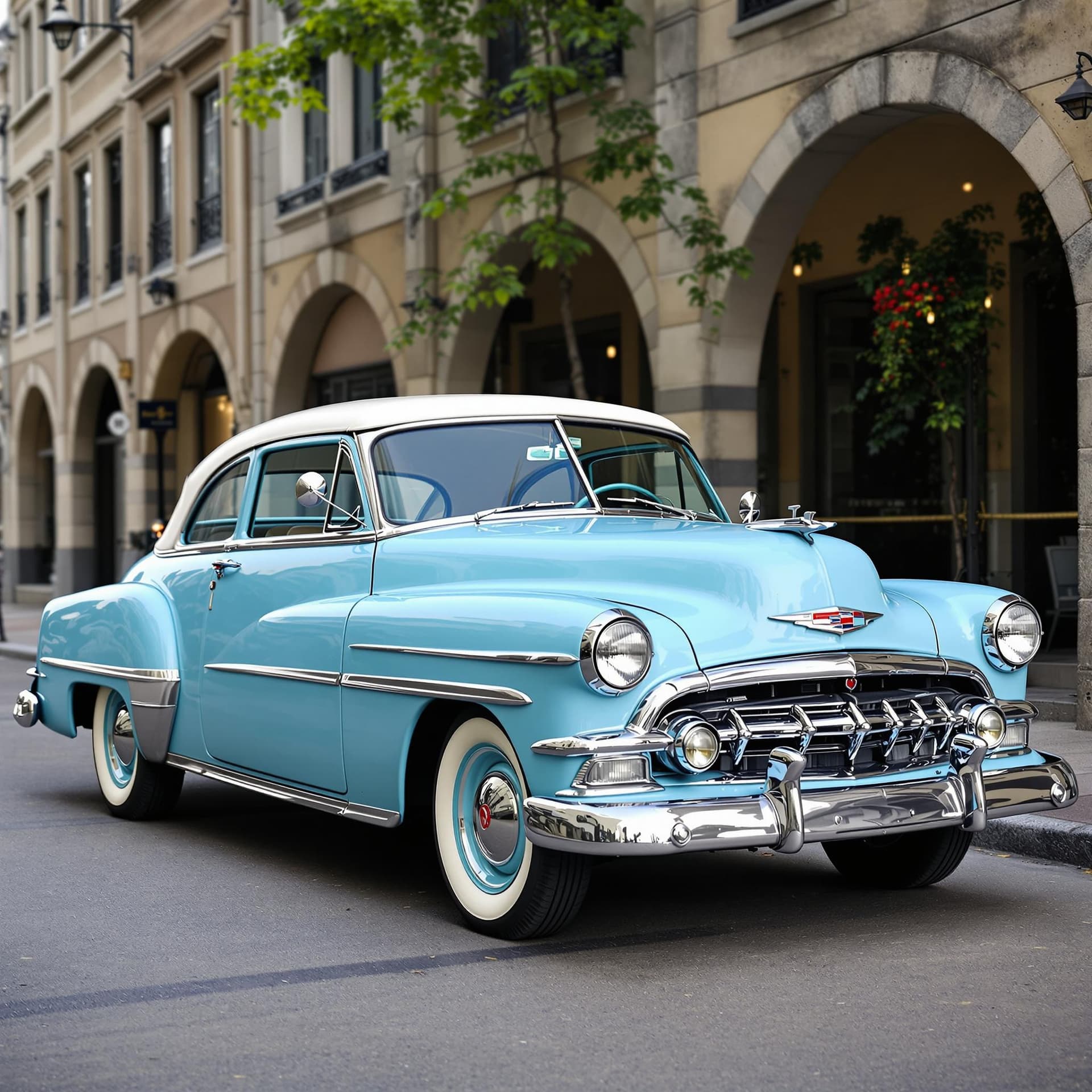 AI generated: a beautiful car, which looks vintage yet has modern features, color is skyblue