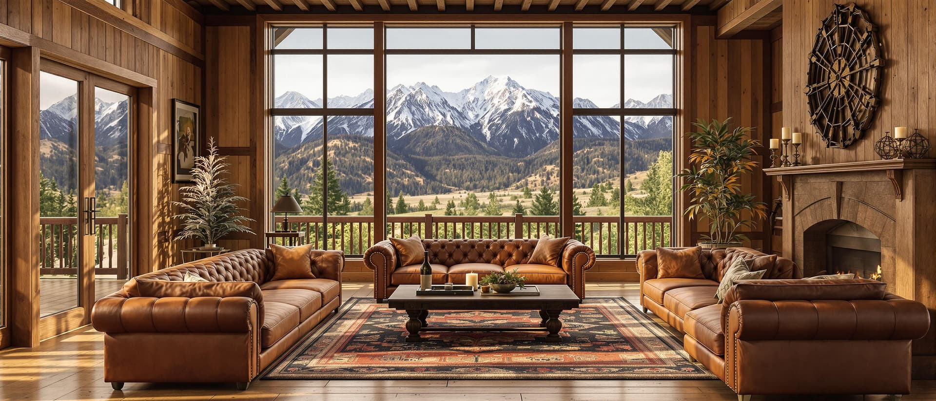 AI generated: High resolution photography interior design, dreamy western living room, wooden floor, large windows...
