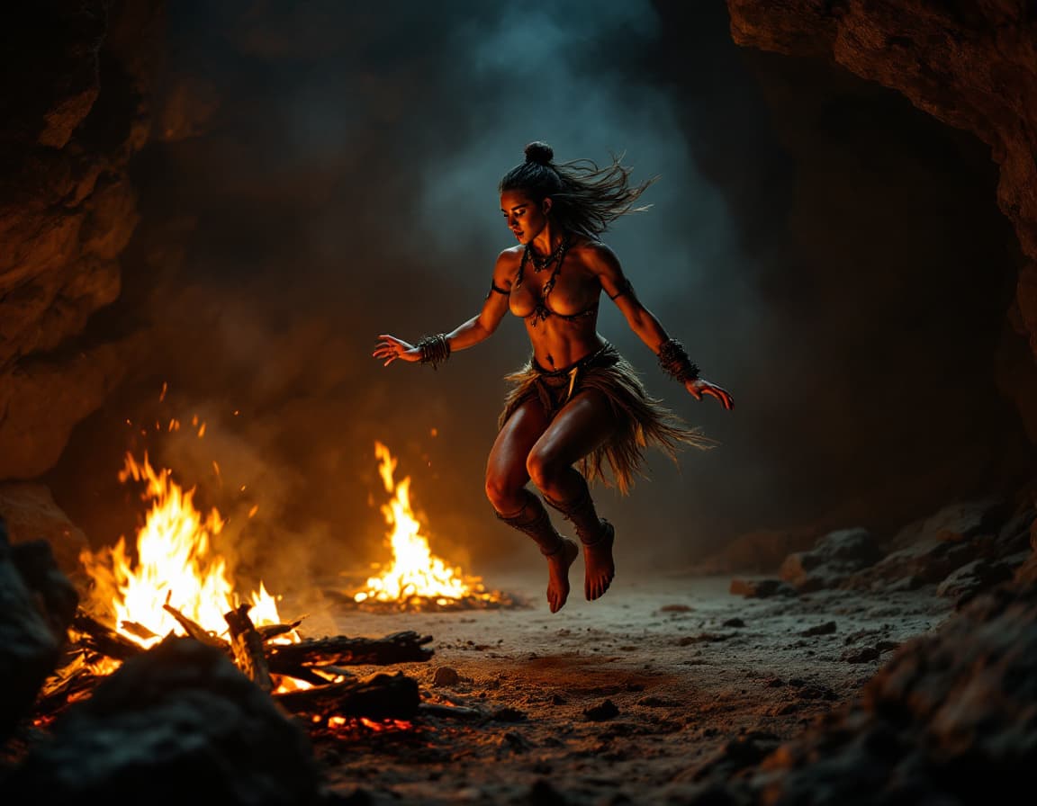 AI generated: In a dark rock cave, a woman jumps rhythmically in place to intense tribal drum music, performing a ...