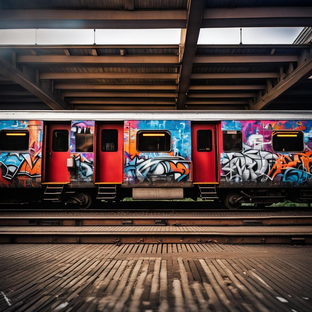AI generated: Amidst the bustling city, a serene train stop unveils a stunning graffiti music adorning the side of...