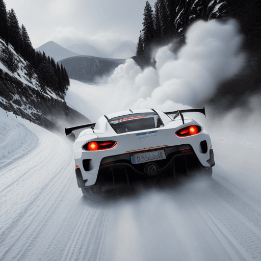 AI generated: A supercar racing at high speed on a winding mountain road surrounded by white snow and dramatic cli...