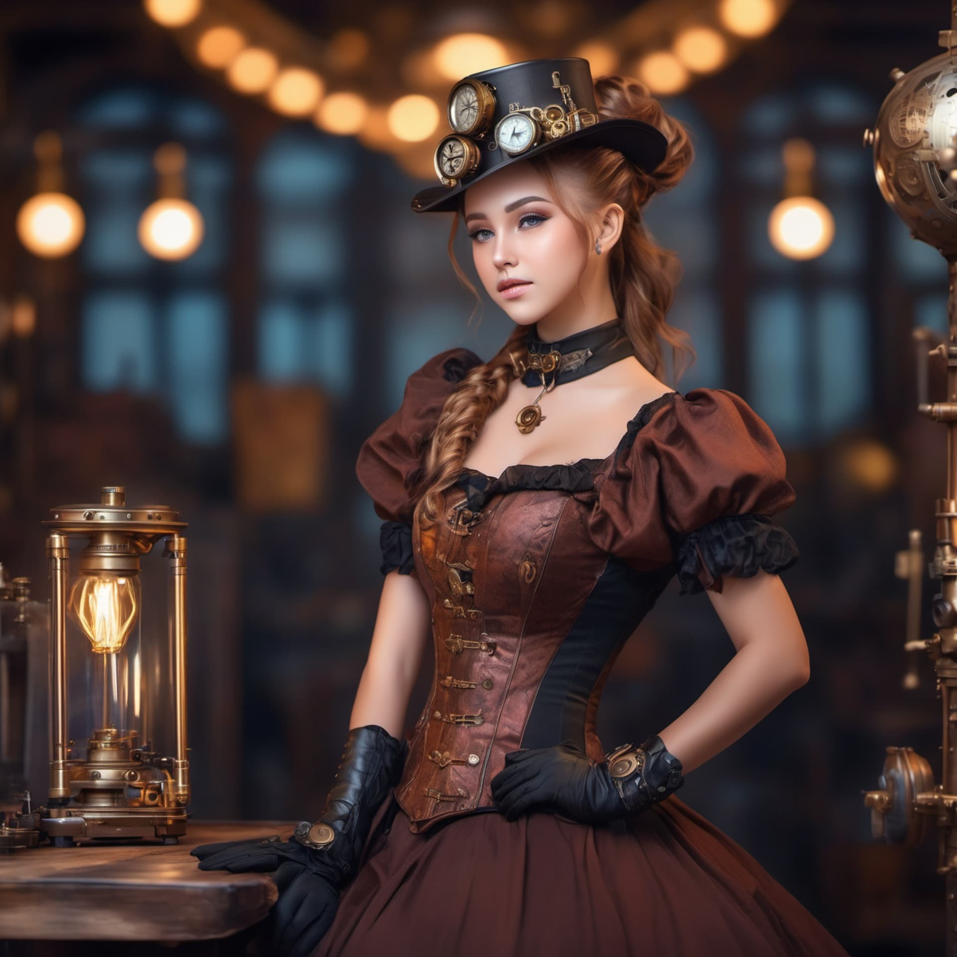 AI generated: steampunk theme), Victorian era, centered, official artwork, a cute girl, ponytail hair, steampunk d...