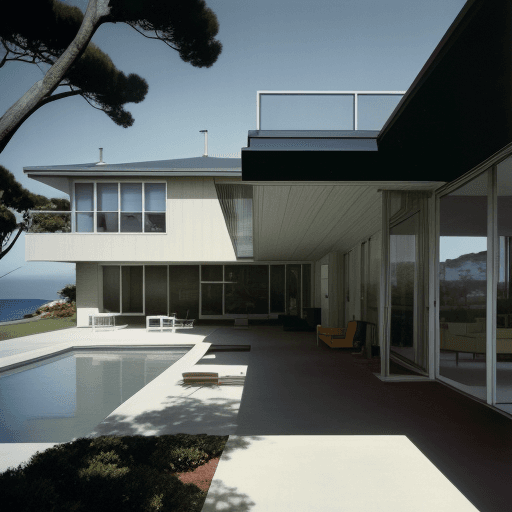 AI generated: Hyper realistic eye level exterior photo of a mid century modern style house overlooking the ocean, ...