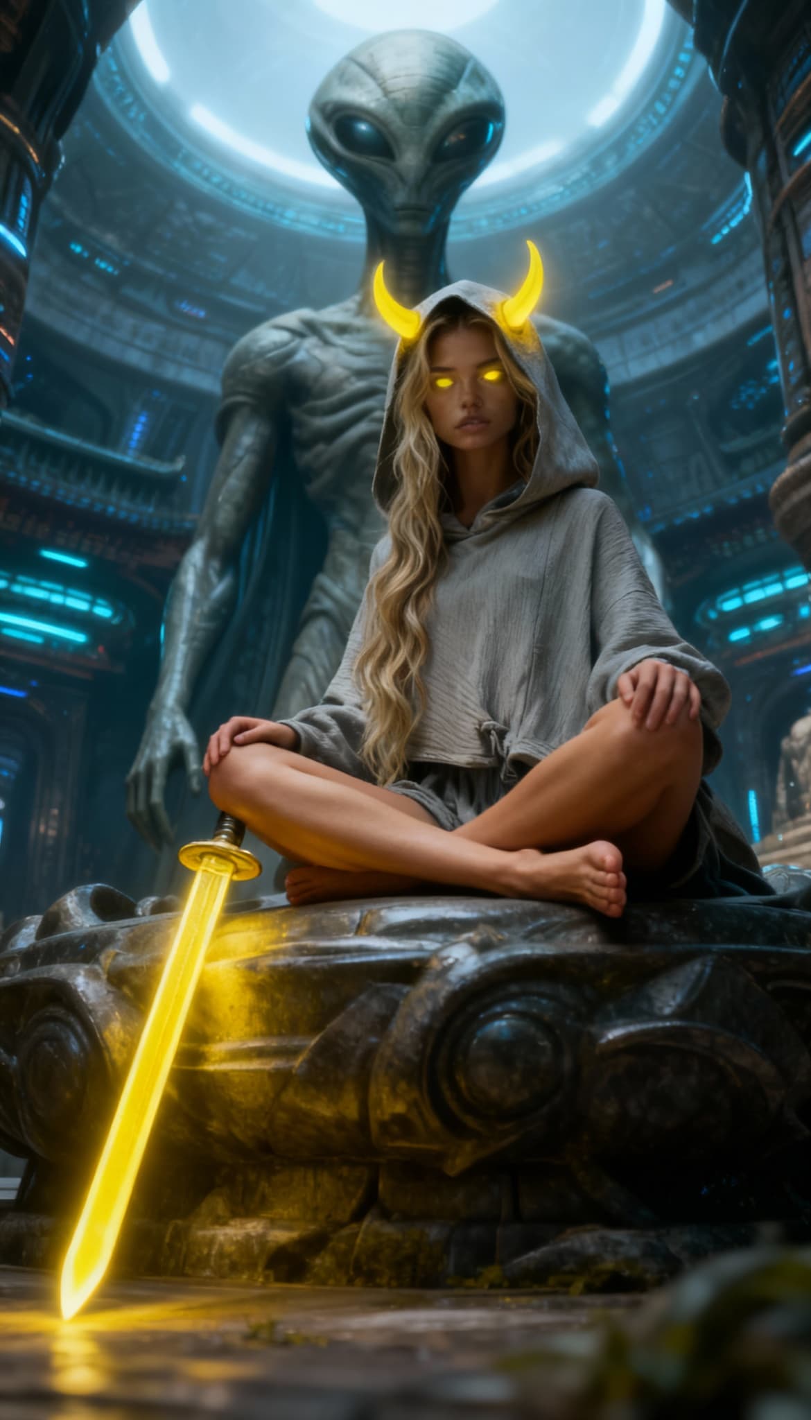AI generated:  barefoot, long legs, horns and eyes, sitting cross-legged at an alien statue, sword leaning next to...