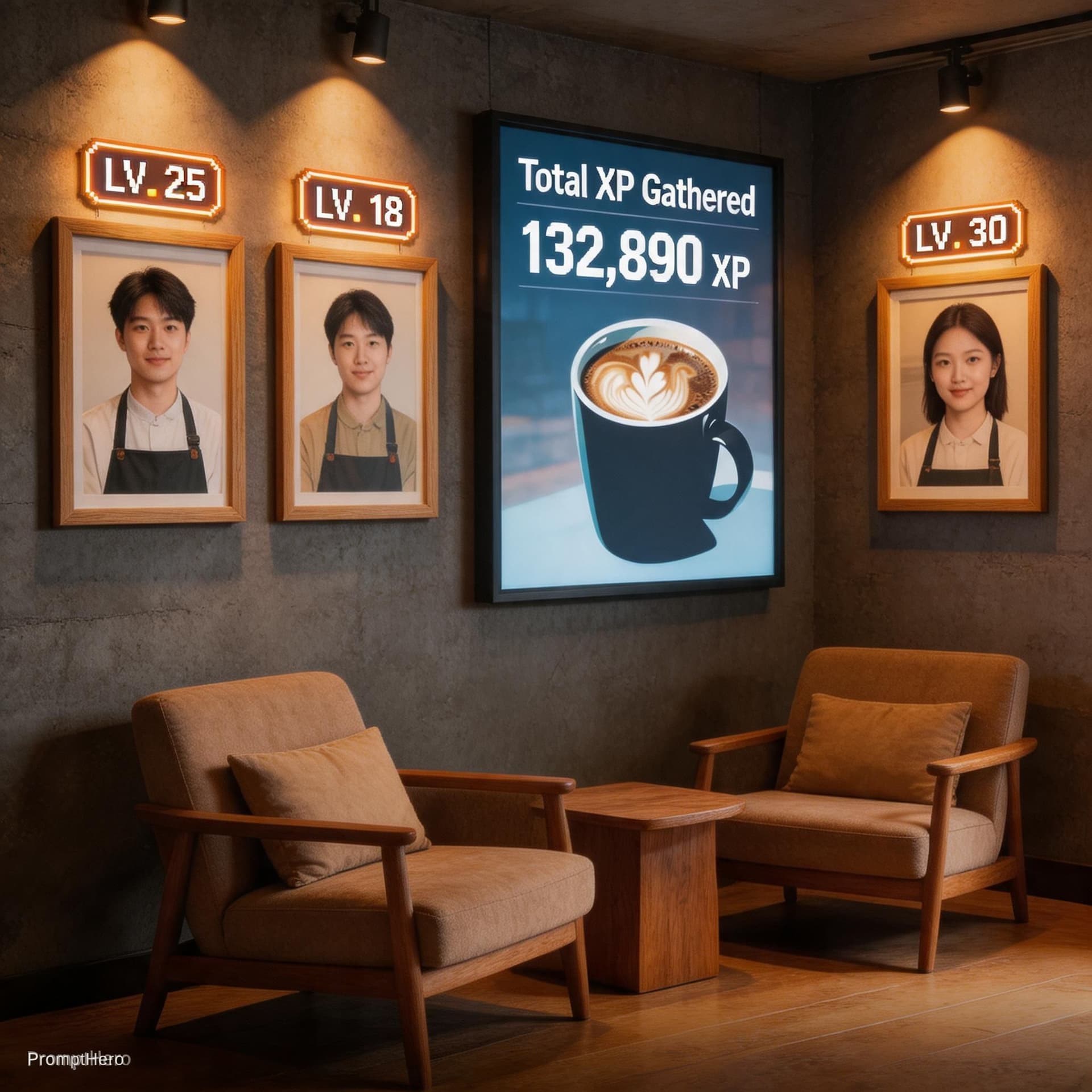AI generated: A wide-angle interior shot of a cozy cafe corner featuring an "Evolution Gallery" wall. On a dark co...