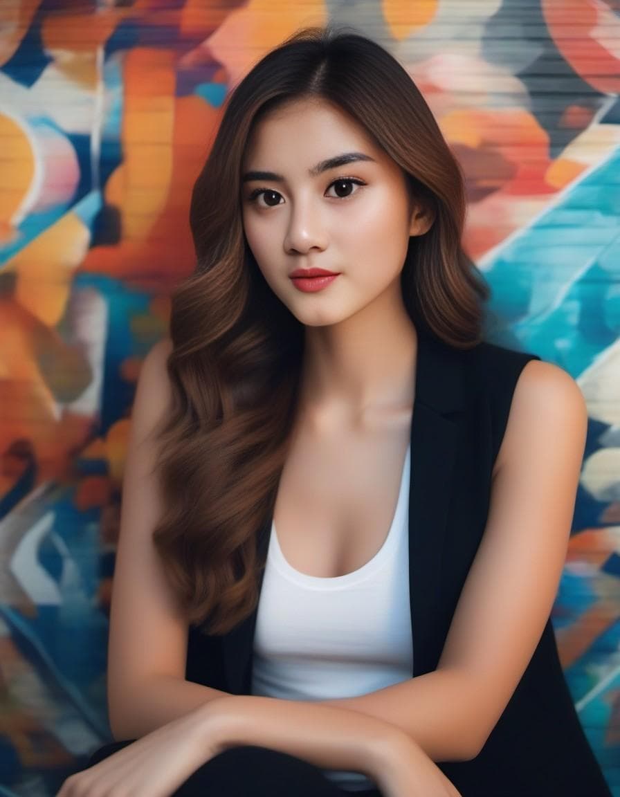 AI generated: Pretty female sitting against a mural wall, wearing tank top and black coat, with blonde wavy hair, ...