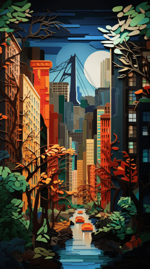 AI generated: A paper cut of a cityscape, with vibrant colors, delicate details, Art Frahm, accent lighting, urban...
