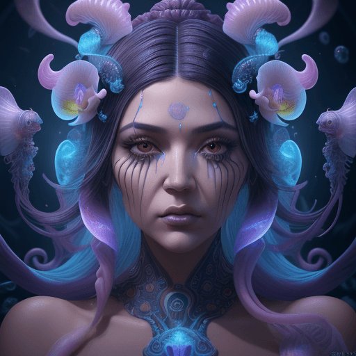 AI generated: Goddess  kloe kardashian close-up portrait ribcagel. jellyfish phoenix head, nautilus, orchid, skull...