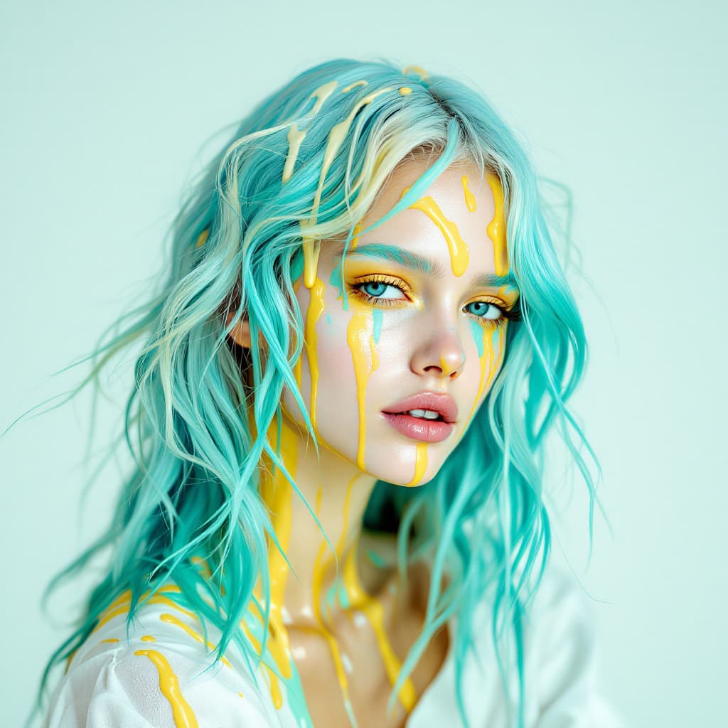 AI generated: creative photoshoot of elle fanning with light blue hair in an oversized white dress, pastel yellow ...