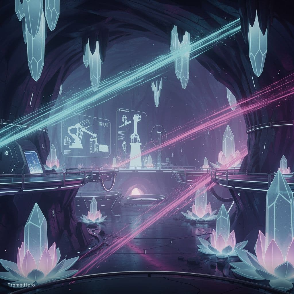 AI generated: futuristic digital energy mine interior, deep navy blue and purple gradient background, 
diagonal gl...