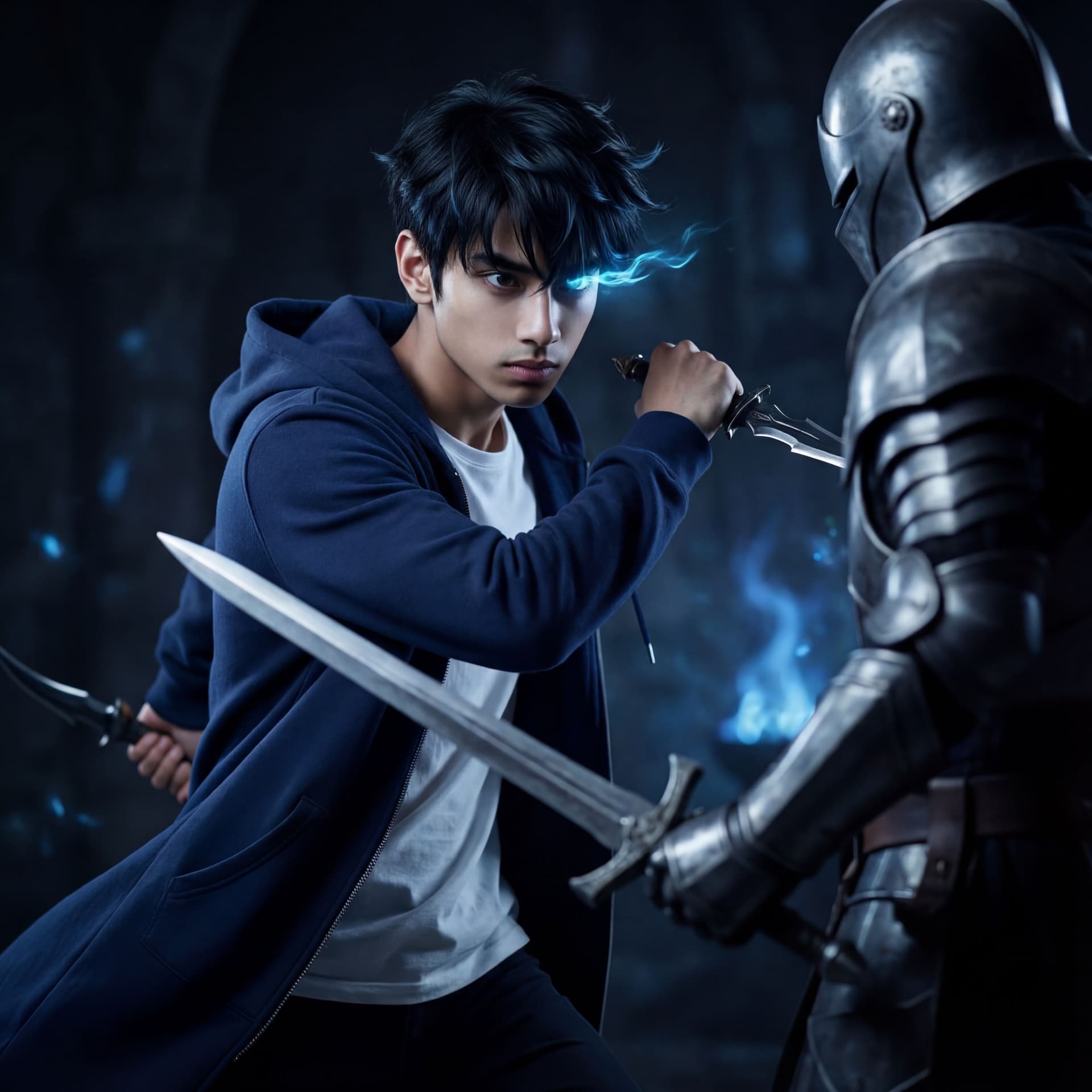 AI generated: A photo-realistic full body of Sung Jin-Woo from Solo Leveling fighting Igris with piercing dark eye...
