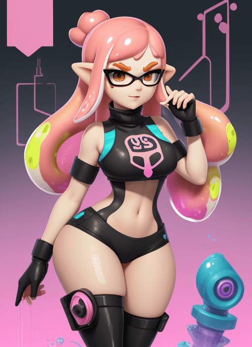 AI generated: Splatoon, inkling, goddess, high tech, thick thighs, large chest, pink