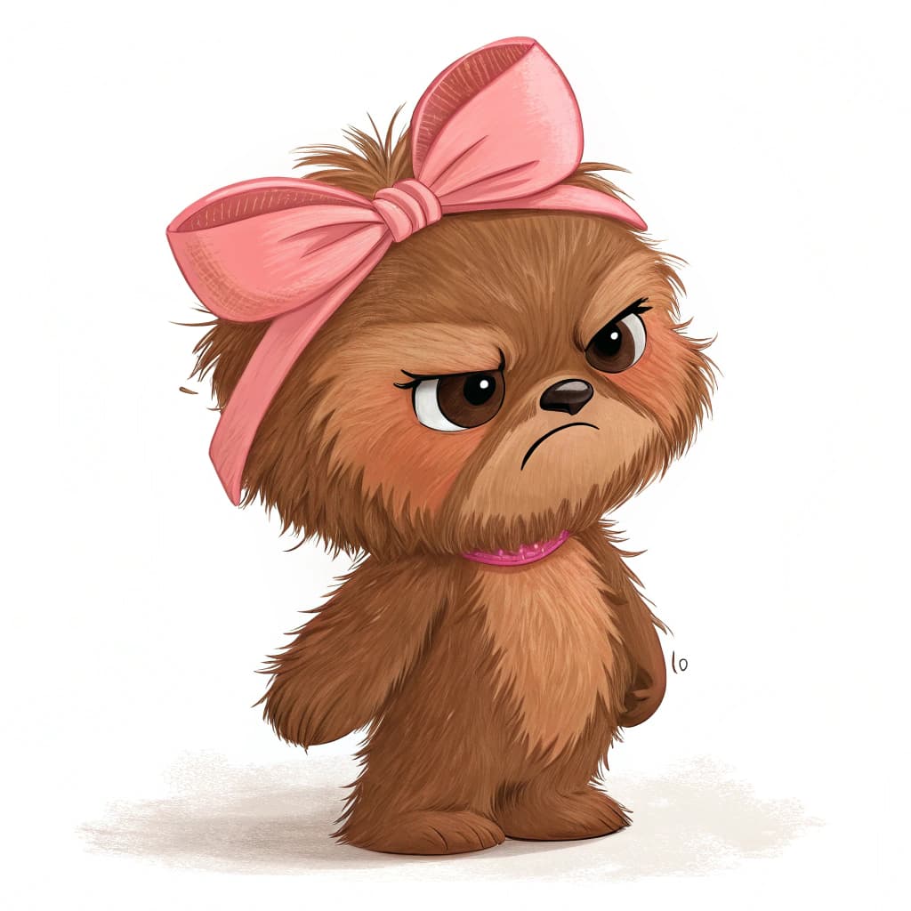 AI generated: very disgust face brown fluffy character wearing a pink bow on white background.