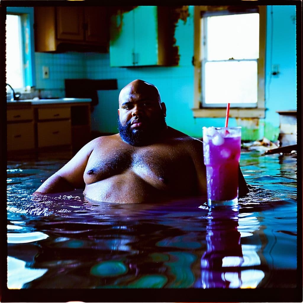 AI generated: grainy 80's photograph quality polaroid of big fat bald soft round black man drowning in purple drin...
