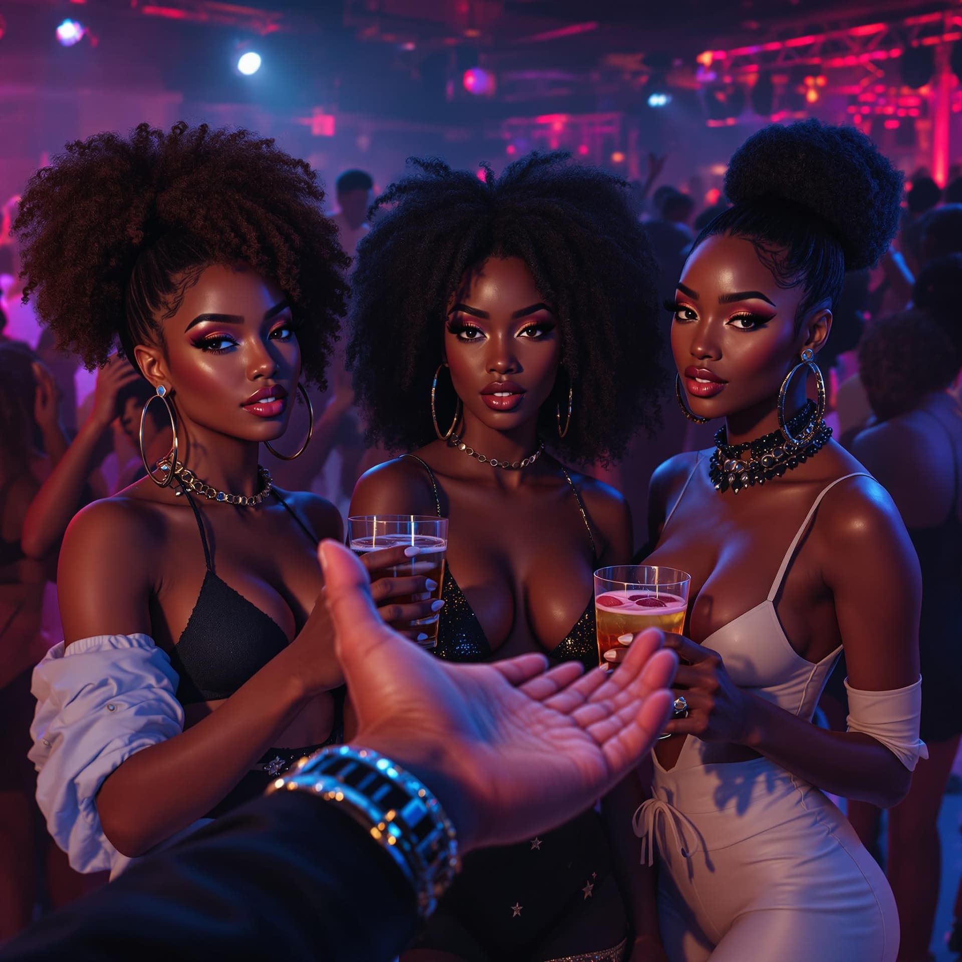 AI generated: a man's hand is out being offered to 3 very attractive african american of different skin tones and ...