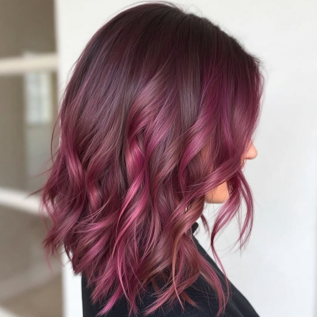 AI generated: rich deep chestnut brown to magenta raspberry to Lavender balayage women hair brown to bright 