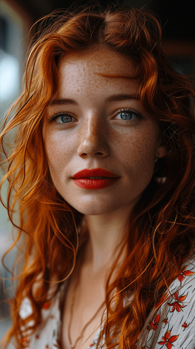 AI generated: a realistic photo of a [very pretty 40 year old woman], with [long, wavy, redheads hair], looks like...
