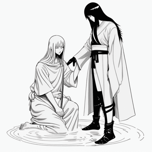 AI generated: Flat illustration, line art, minimalist type, female artist drawing, Tsutomu Nihei, Jesus being bapt...