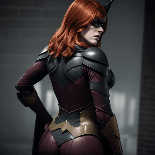 AI generated: Rose Leslie in a batgirl costume shown from behind.
