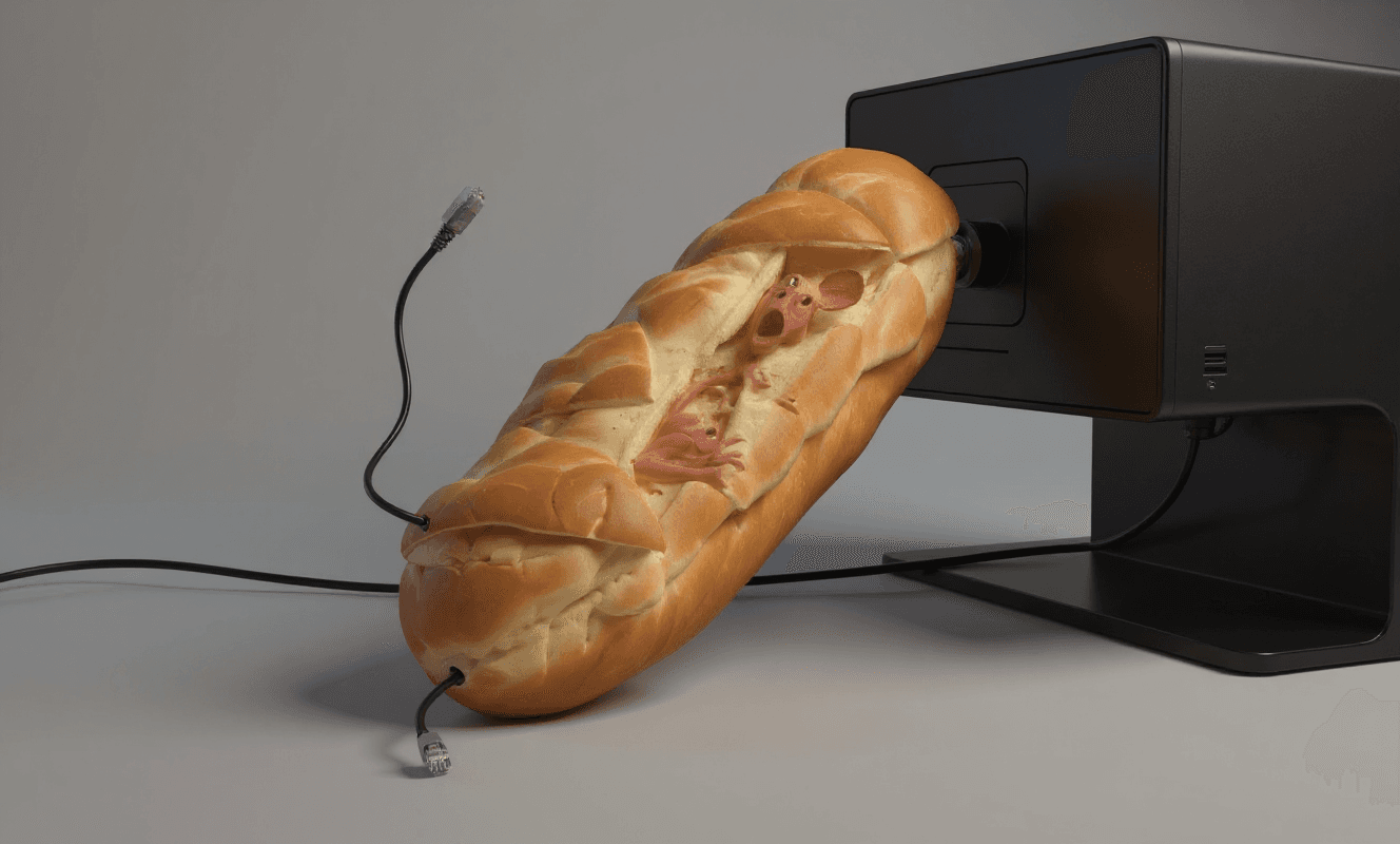 AI generated: make the baguette plug into a computer through the ethernet cables. retain defining characteristics ...
