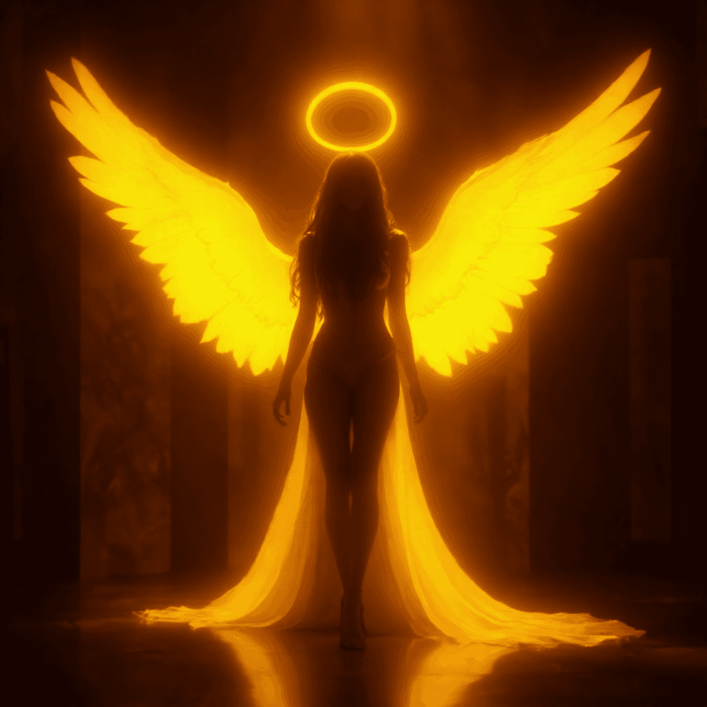 AI generated: an outline of a woman that has a halo and wings,,  in a dimly lit room in a soft yellow-orange light...