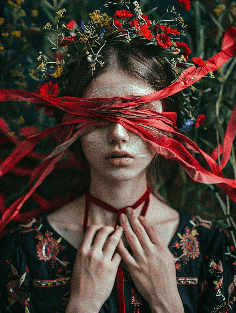 AI generated: eyes are blindfolded with red ribbons like a blindfold, the skin of the face is painted with white p...