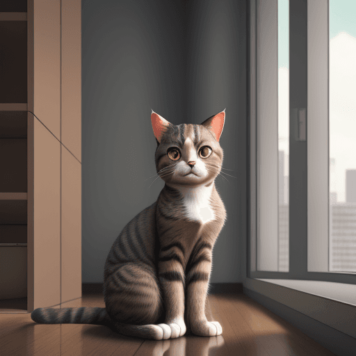 AI generated: A cute cat, matte gray and copper brown colors, in a Highrise apartment, vintage 90s anime style, re...