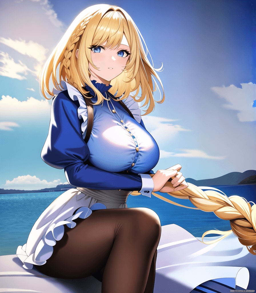 AI generated: (perfect anime illustration), 1girl, parted braids, (short hair), long locks, blonde hair, (huge bre...
