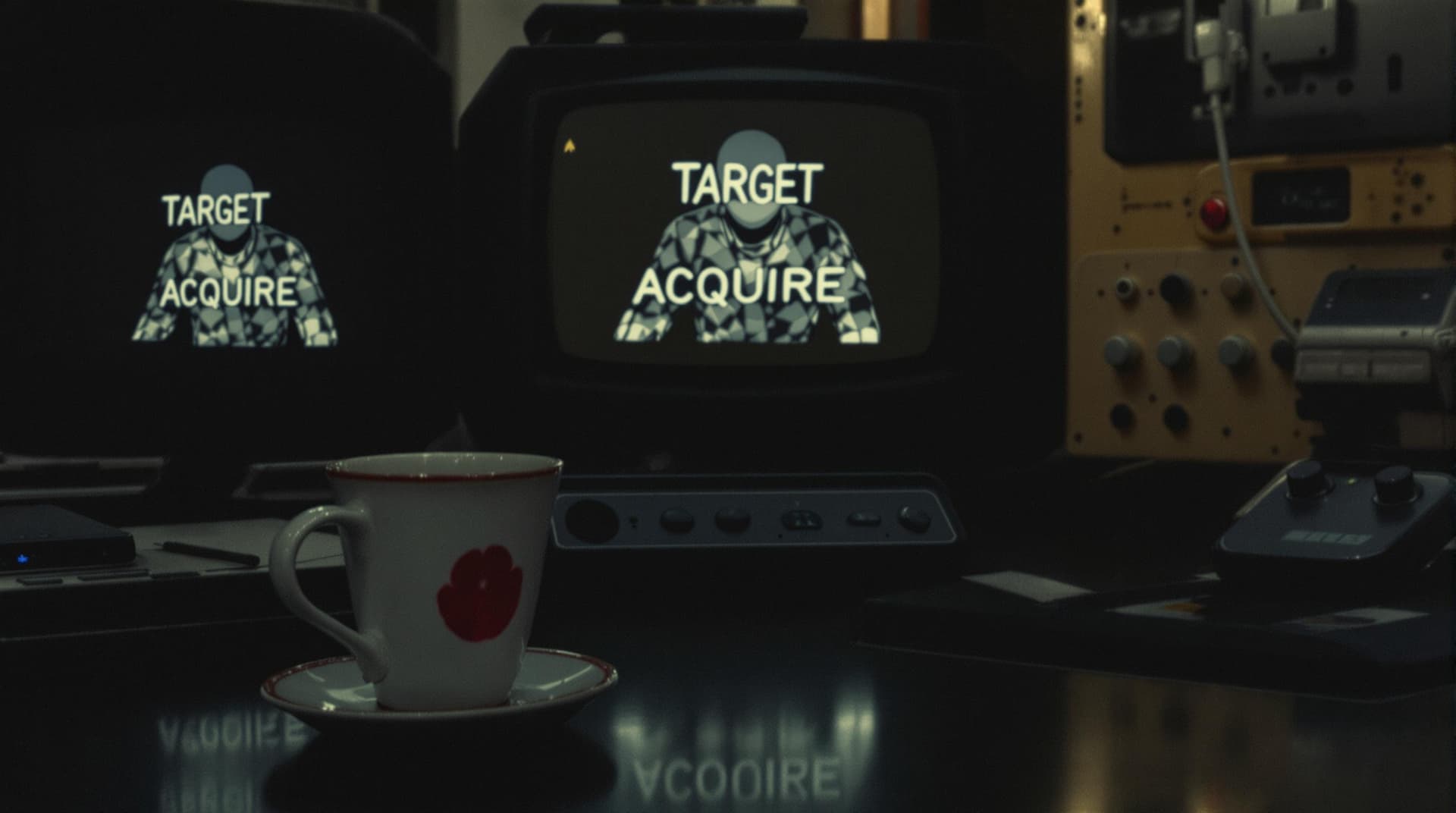 AI generated: 1970s surveillance room monitoring modern smartphones, 'TARGET ACQUIRED' on screens, coffee cup with...